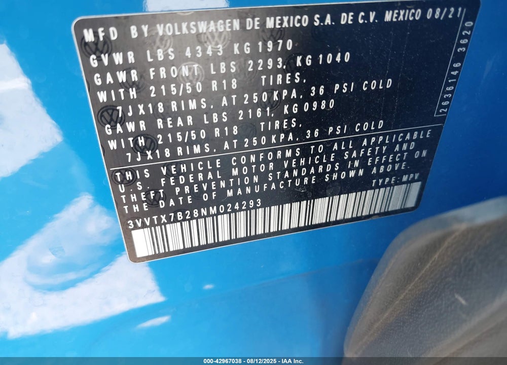 2022 VOLKSWAGEN TAOS VIN: 3VVTX7B28NM024293