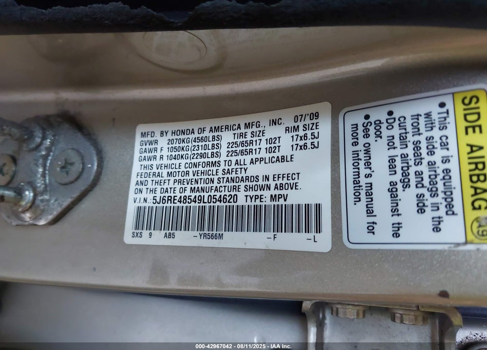 2009 HONDA CR-V VIN: 5J6RE48549L054620