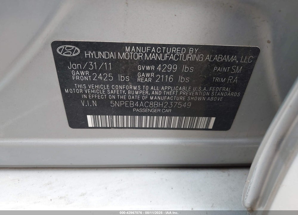 2011 HYUNDAI SONATA VIN: 5NPEB4AC8BH237549