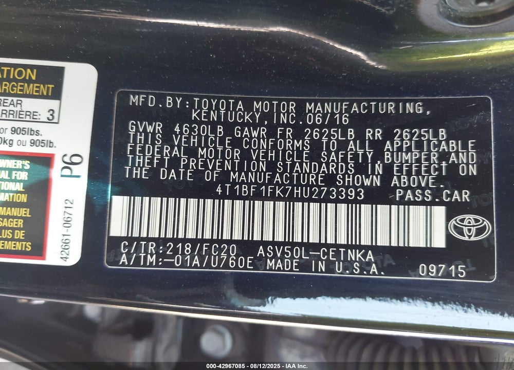 2017 TOYOTA CAMRY LE VIN: 4T1BF1FK7HU273393