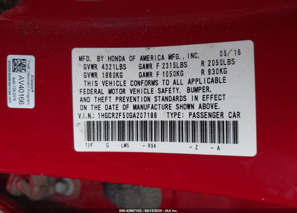 2016 HONDA ACCORD VIN: 1HGCR2F50GA207186
