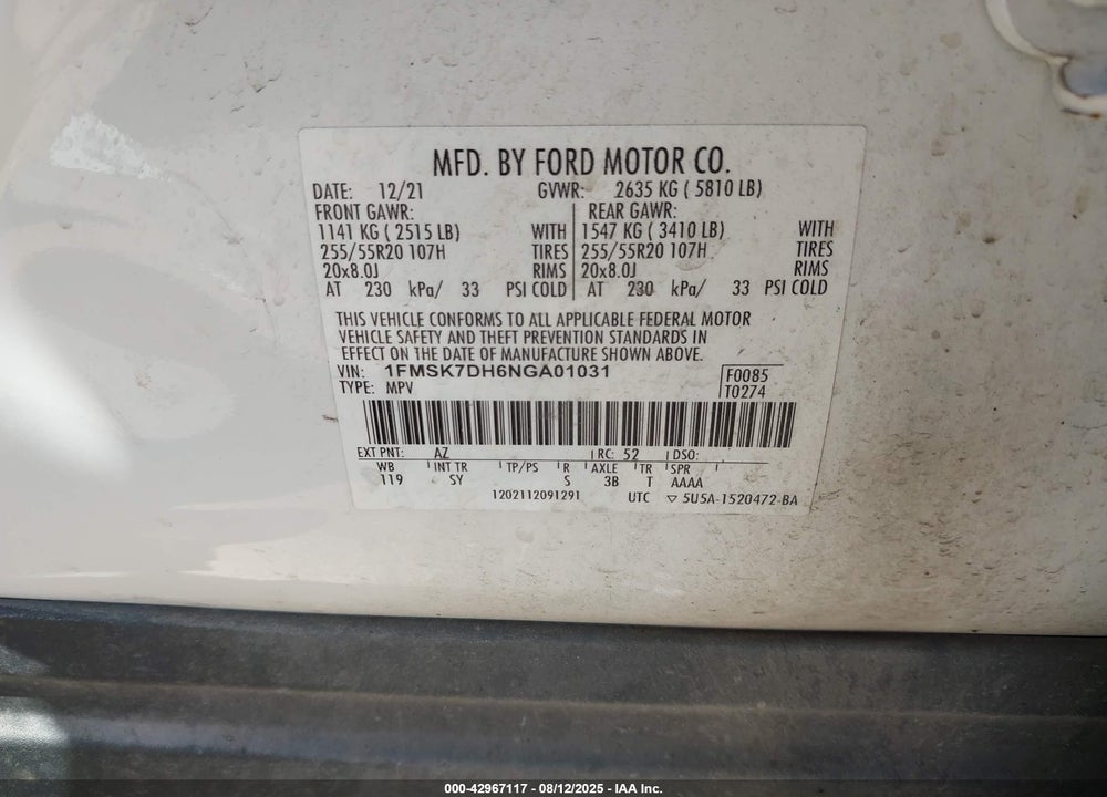 2022 FORD EXPLORER XLT VIN: 1FMSK7DH6NGA01031