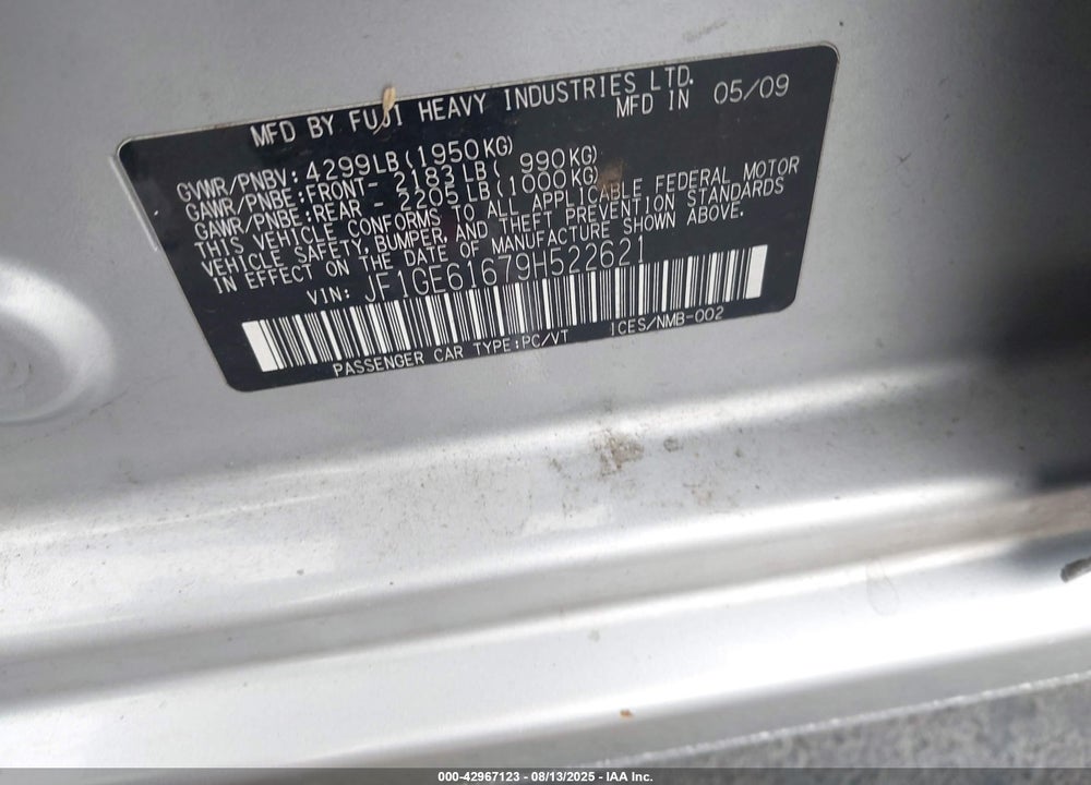 2009 SUBARU IMPREZA VIN: JF1GE61679H522621