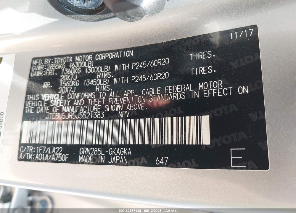 2018 TOYOTA 4RUNNER LIMITED VIN: JTEBU5JR5J5521383