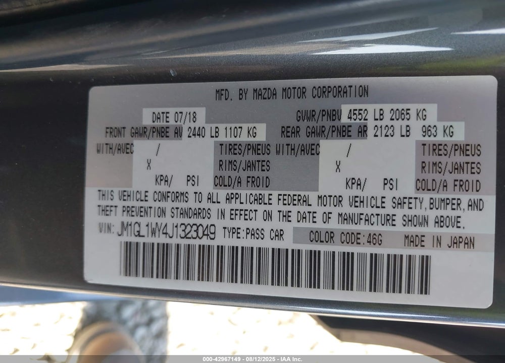 2018 MAZDA 6 VIN: JM1GL1WY4J1323049