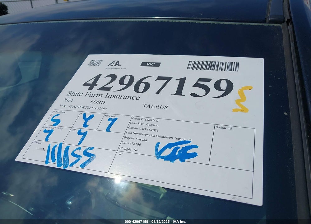 2014 FORD TAURUS VIN: 1FAHP2KT2EG164582