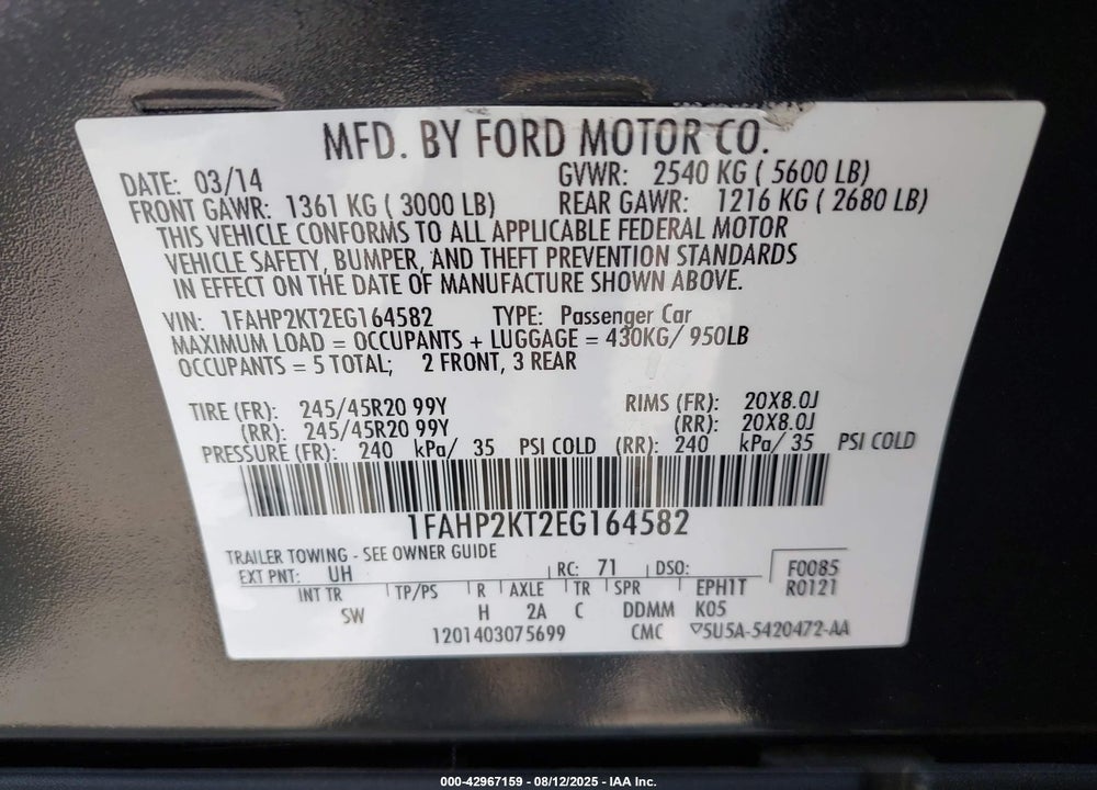 2014 FORD TAURUS VIN: 1FAHP2KT2EG164582