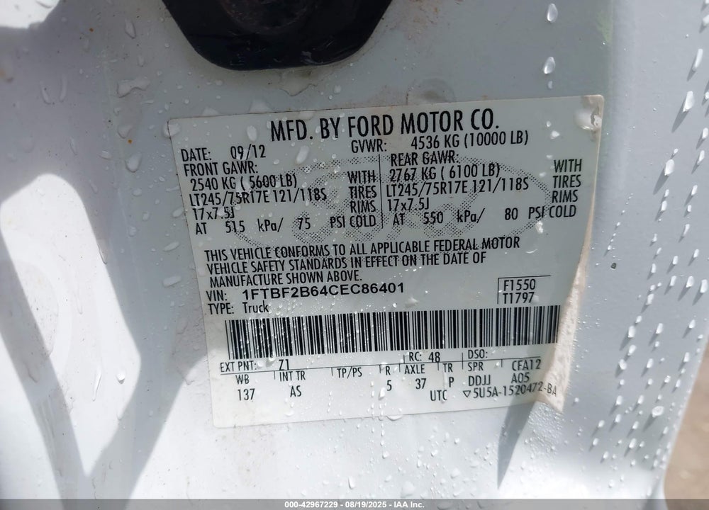 2012 FORD F-250 VIN: 1FTBF2B64CEC86401