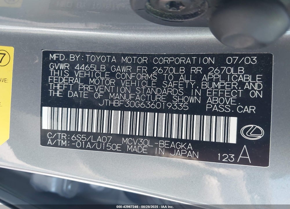 2003 LEXUS ES 300 VIN: JTHBF30G636019335