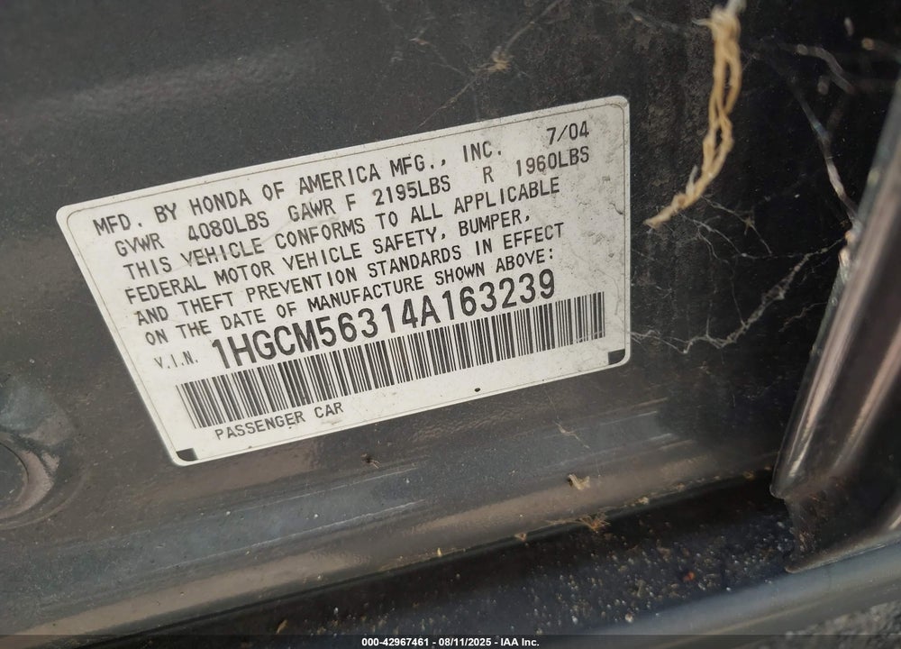 2004 HONDA ACCORD 2.4 LX VIN: 1HGCM56314A163239