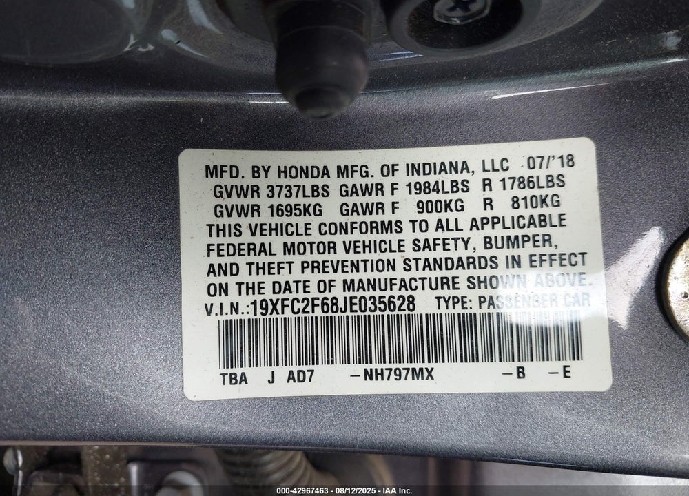 2018 HONDA CIVIC VIN: 19XFC2F68JE035628
