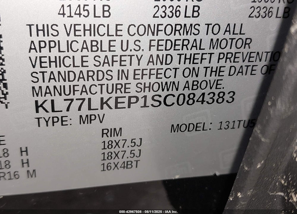 2025 CHEVROLET TRAX VIN: KL77LKEP1SC084383