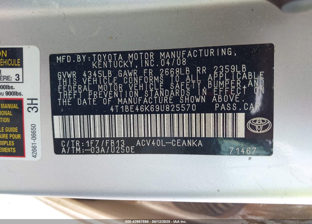 2009 TOYOTA CAMRY VIN: 4T1BE46K69U825570