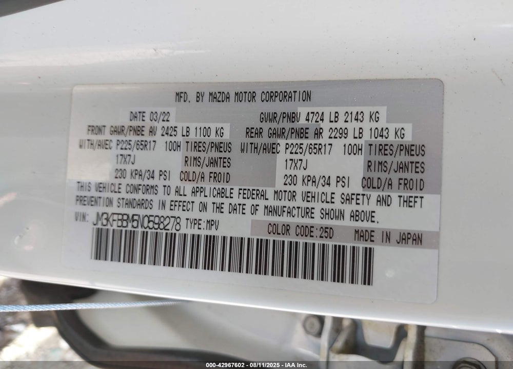 2022 MAZDA CX-5 VIN: JM3KFBBM5N0598278