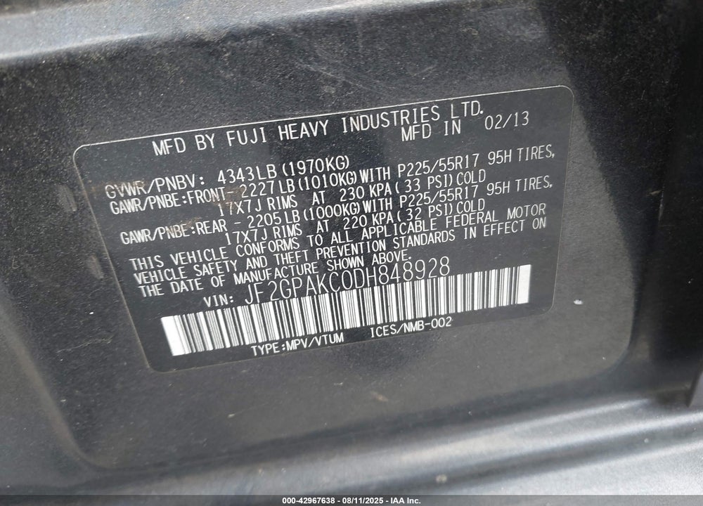 2013 SUBARU XV CROSSTREK VIN: JF2GPAKC0DH848928