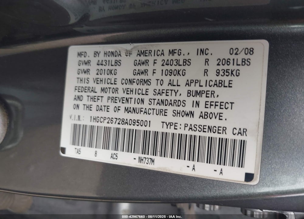 2008 HONDA ACCORD VIN: 1HGCP26728A095001