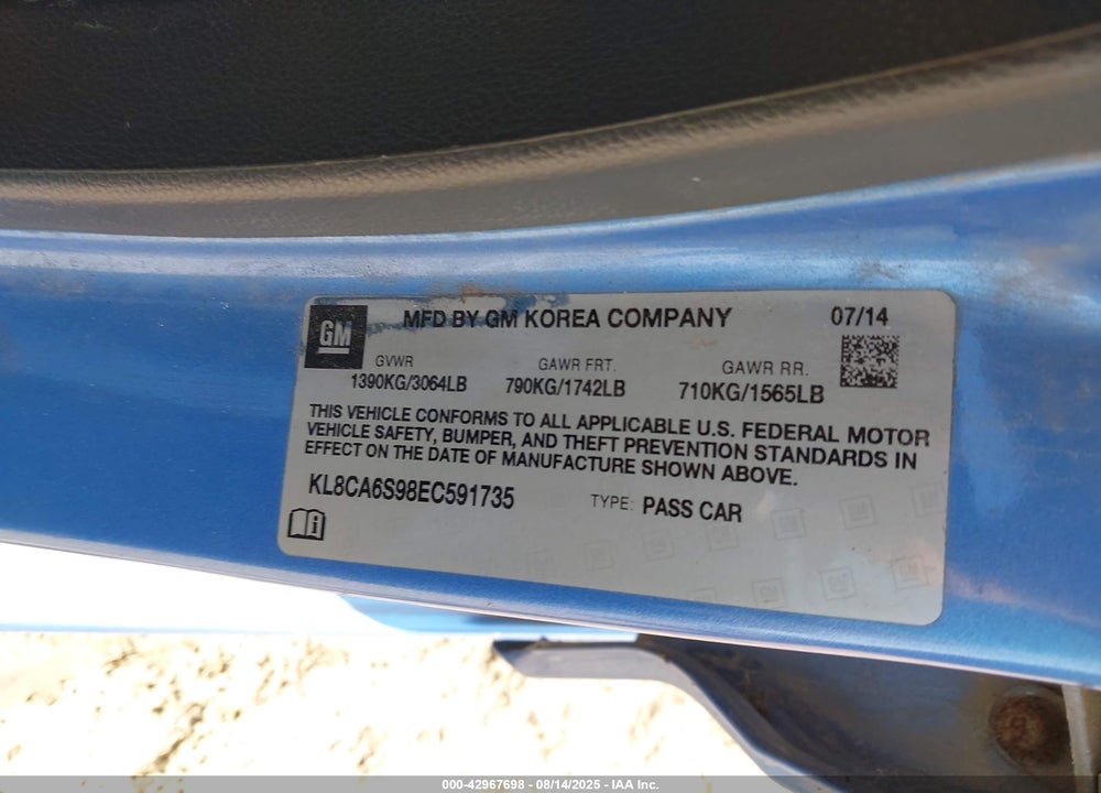 2014 CHEVROLET SPARK VIN: KL8CA6S98EC591735