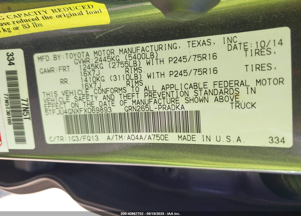2015 TOYOTA TACOMA VIN: 5TFJU4GNXFX069893