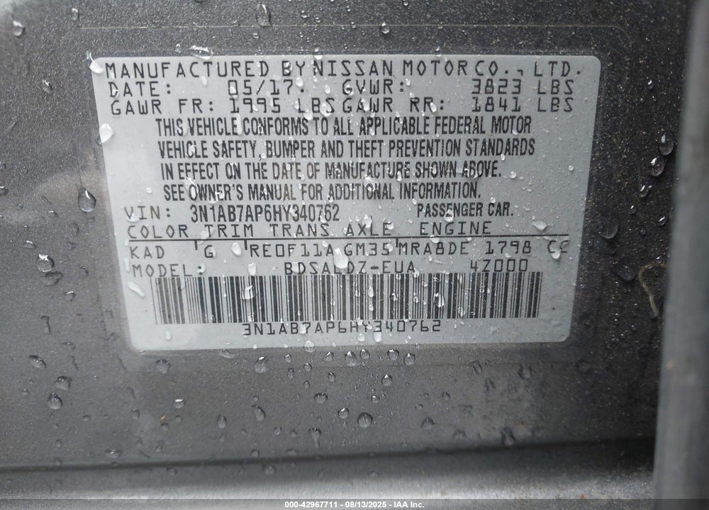 2017 NISSAN SENTRA VIN: 3N1AB7AP6HY340762