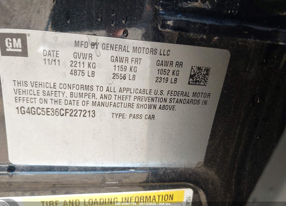 2012 BUICK LACROSSE VIN: 1G4GC5E36CF227213