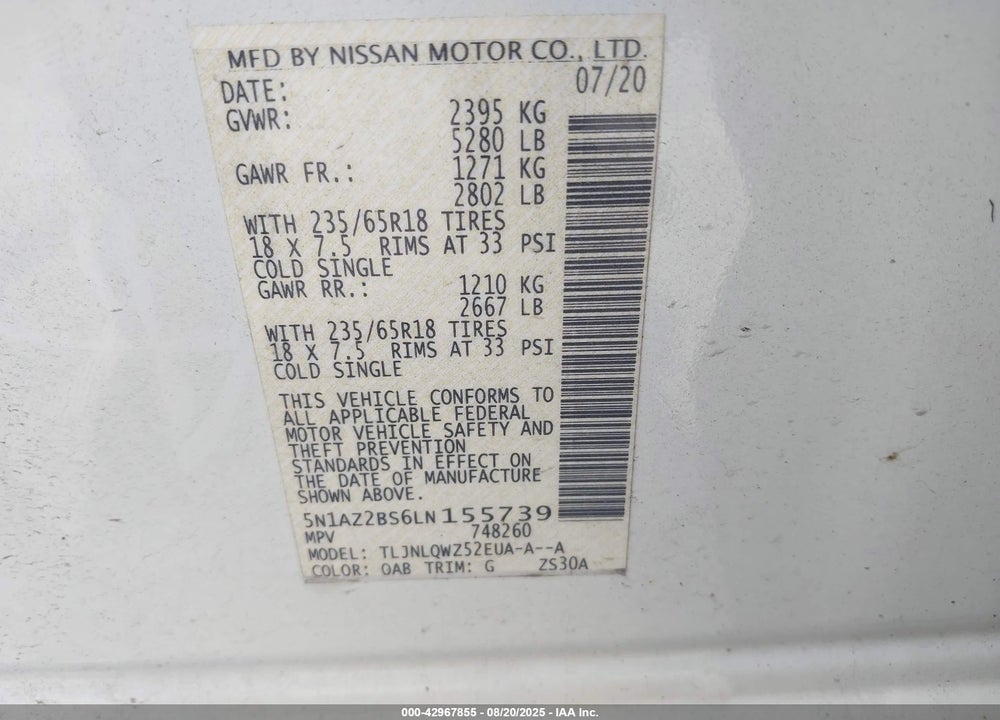 2020 NISSAN MURANO VIN: 5N1AZ2BS6LN155739