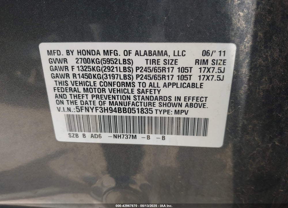 2011 HONDA PILOT VIN: 5FNYF3H94BB051835