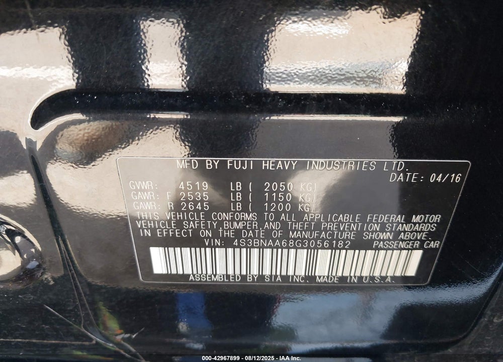 2016 SUBARU LEGACY VIN: 4S3BNAA68G3056182