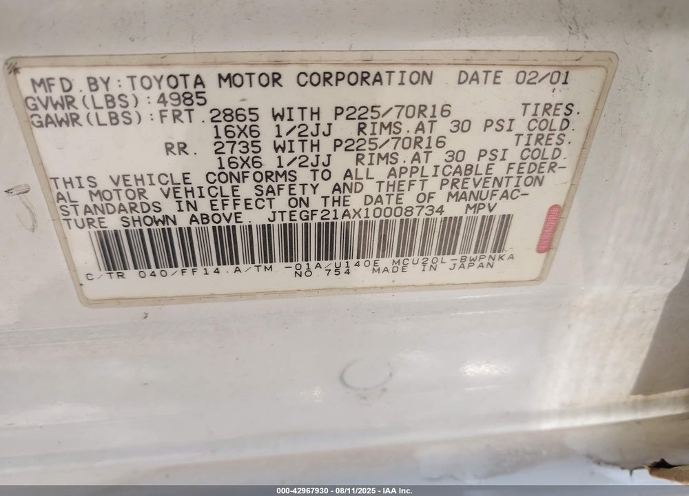 2001 TOYOTA HIGHLANDER V6 VIN: JTEGF21AX10008734