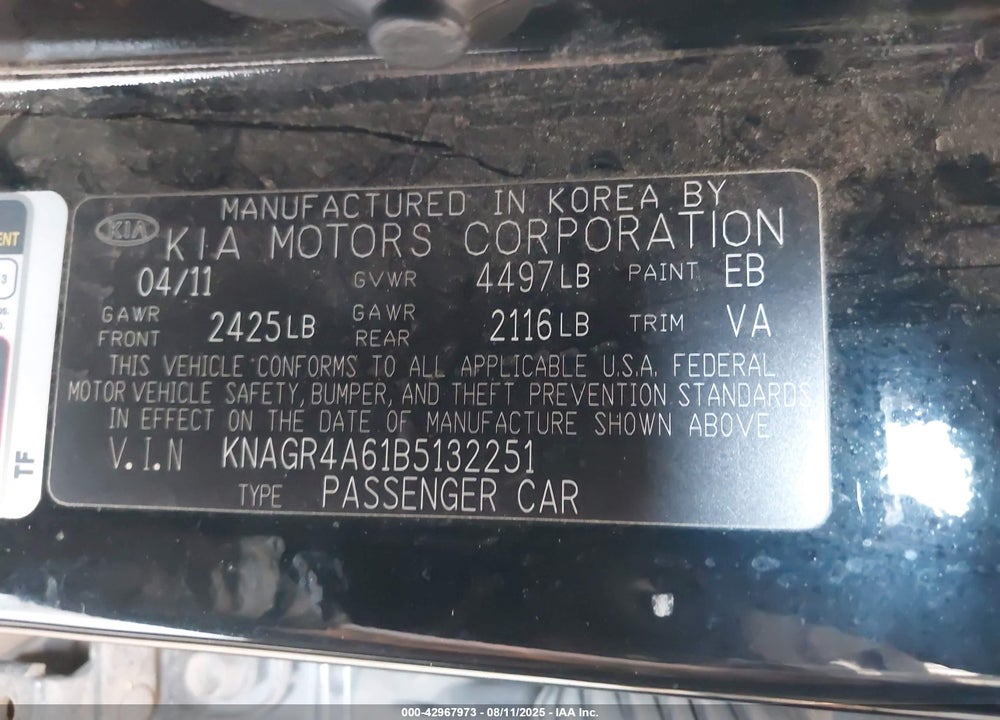 2011 KIA OPTIMA VIN: KNAGR4A61B5132251