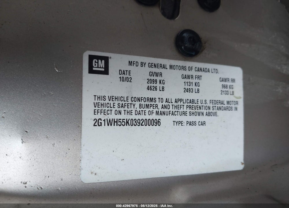 2003 CHEVROLET IMPALA LS VIN: 2G1WH55K039200096