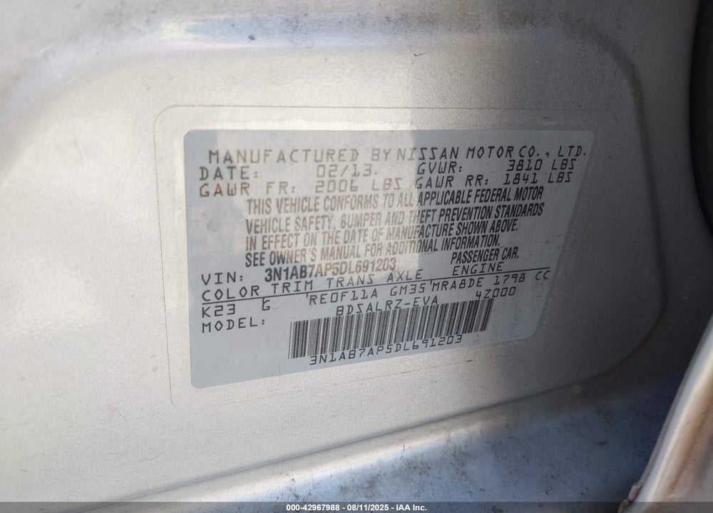 2013 NISSAN SENTRA VIN: 3N1AB7AP5DL691203