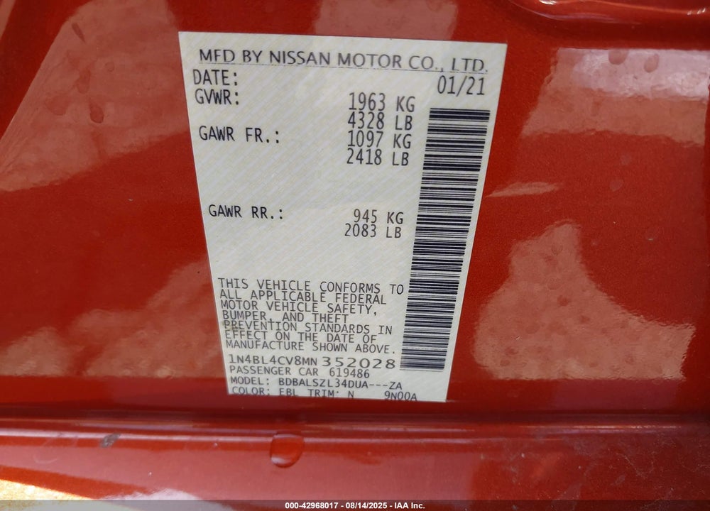 2021 NISSAN ALTIMA VIN: 1N4BL4CV8MN352028
