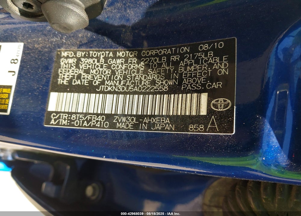 2010 TOYOTA PRIUS VIN: JTDKN3DU5A0222558