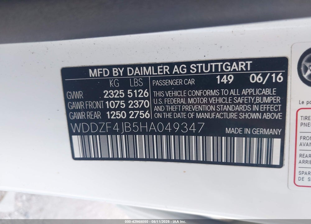 2017 MERCEDES-BENZ E-CLASS VIN: WDDZF4JB5HA049347