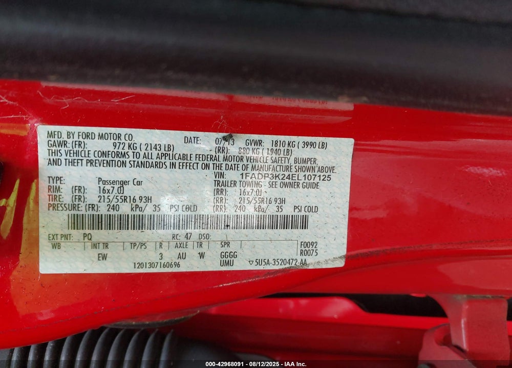 2014 FORD FOCUS VIN: 1FADP3K24EL107125