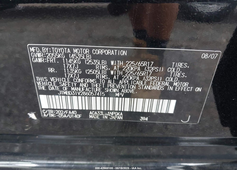 2008 TOYOTA RAV4 VIN: JTMBD31V286057415