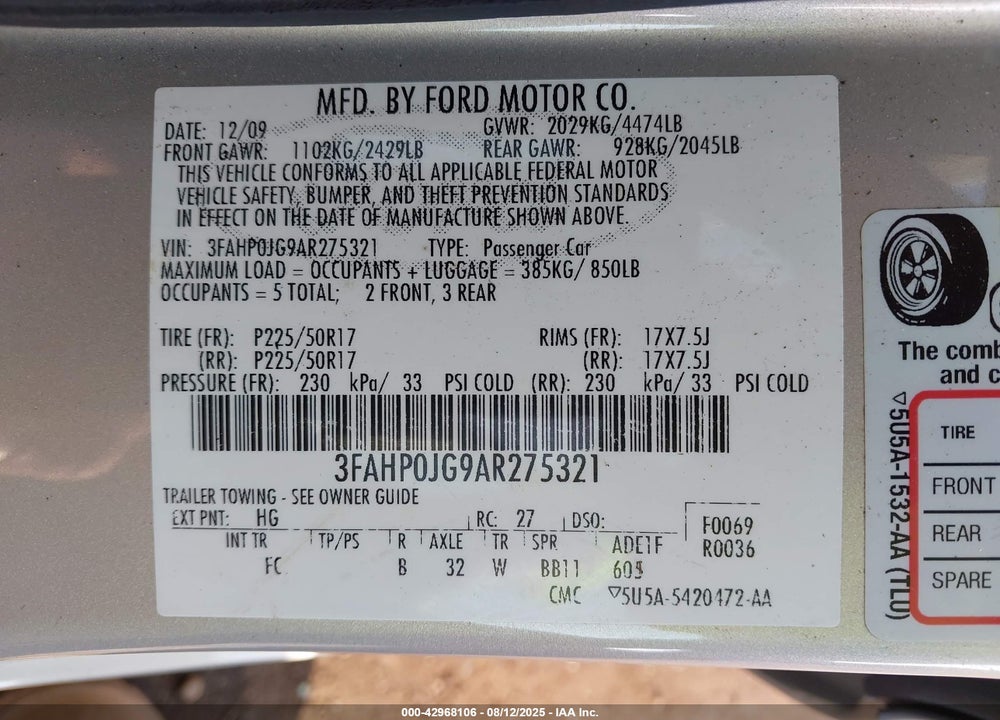 2010 FORD FUSION VIN: 3FAHP0JG9AR275321