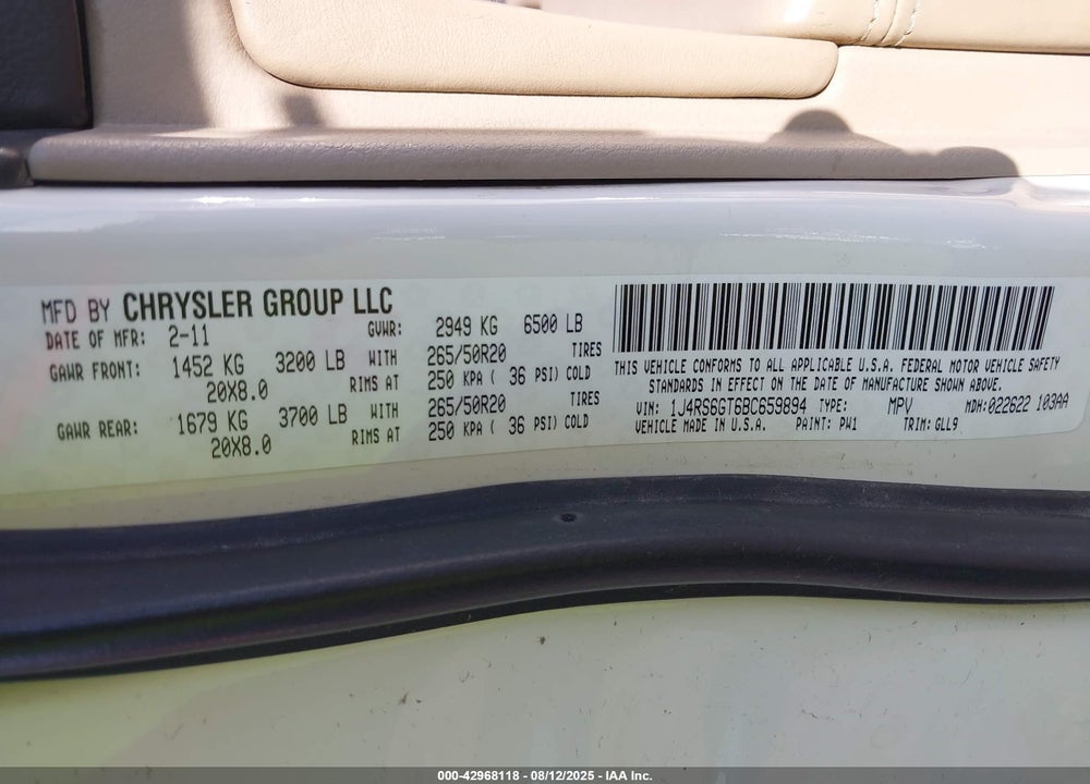 2011 JEEP GRAND CHEROKEE OVERLAND VIN: 1J4RS6GT6BC659894