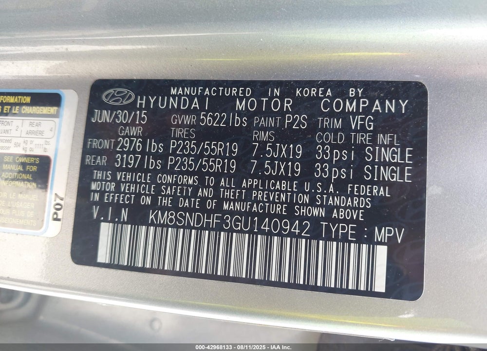 2016 HYUNDAI SANTA FE VIN: KM8SNDHF3GU140942