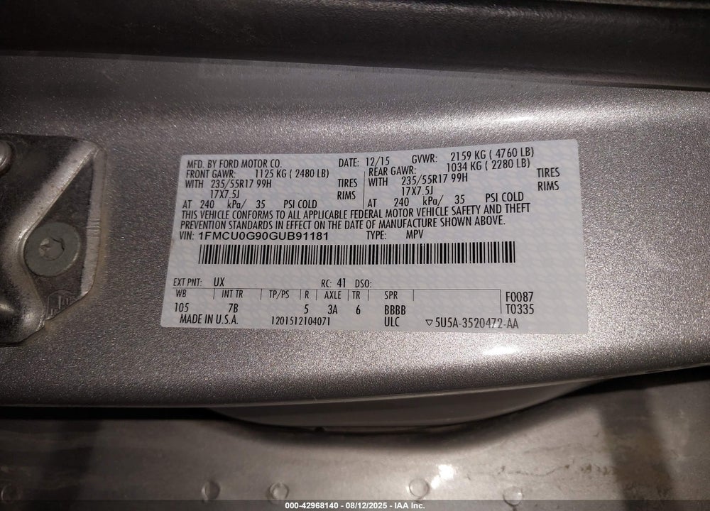 2016 FORD ESCAPE VIN: 1FMCU0G90GUB91181