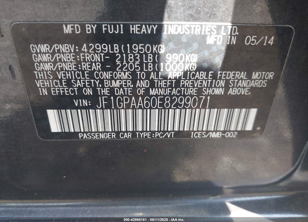 2014 SUBARU IMPREZA 2.0I VIN: JF1GPAA60E8299071