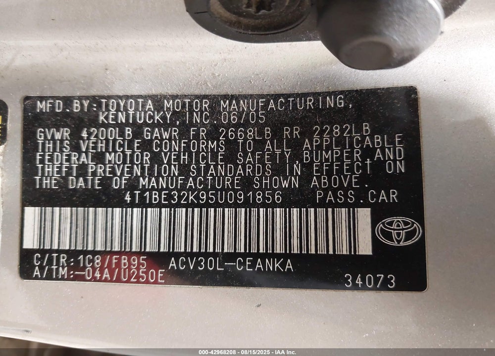2005 TOYOTA CAMRY LE VIN: 4T1BE32K95U091856