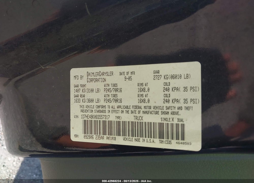 2006 DODGE DAKOTA SLT VIN: 1D7HE48K06S557317