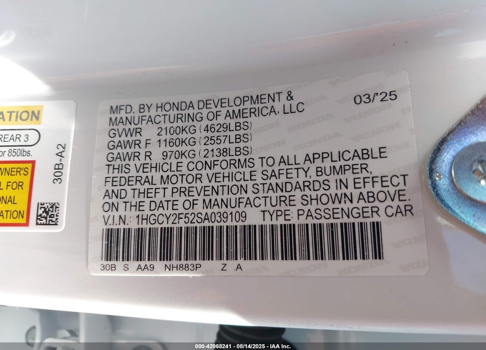 2025 HONDA ACCORD HYBRID SPORT VIN: 1HGCY2F52SA039109
