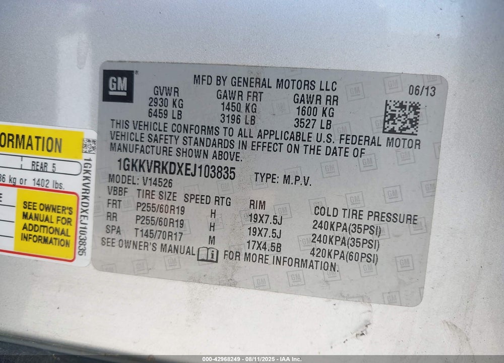 2014 GMC ACADIA SLT-1 VIN: 1GKKVRKDXEJ103835