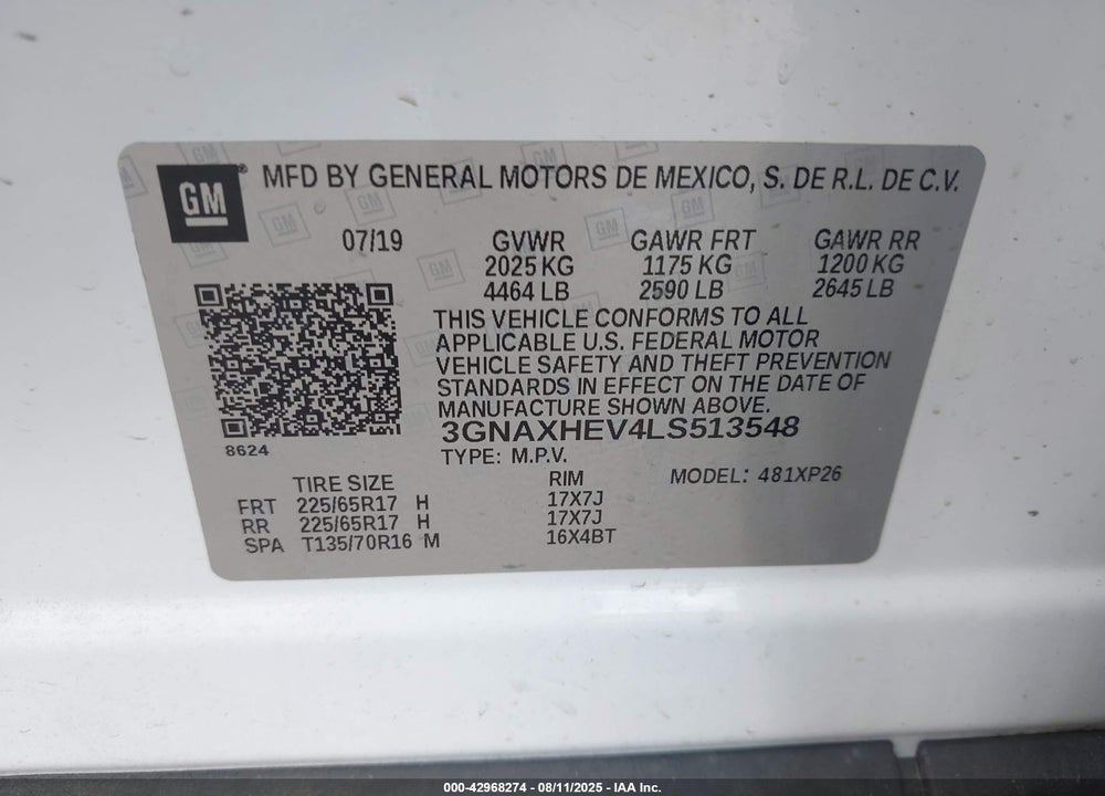2020 CHEVROLET EQUINOX FWD LS VIN: 3GNAXHEV4LS513548