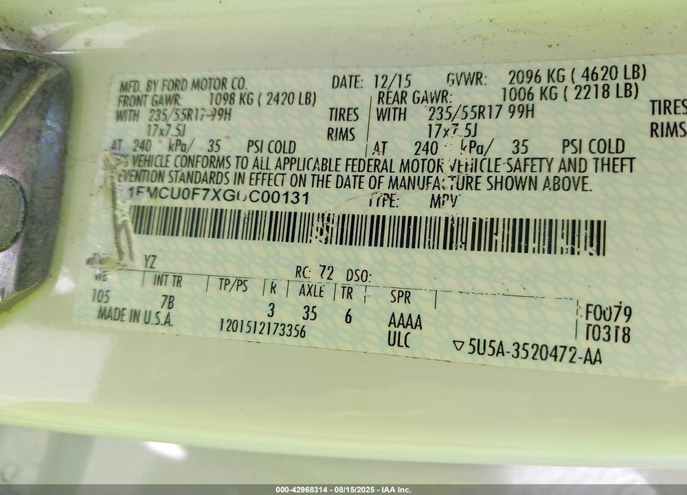 2016 FORD ESCAPE S VIN: 1FMCU0F7XGUC00131
