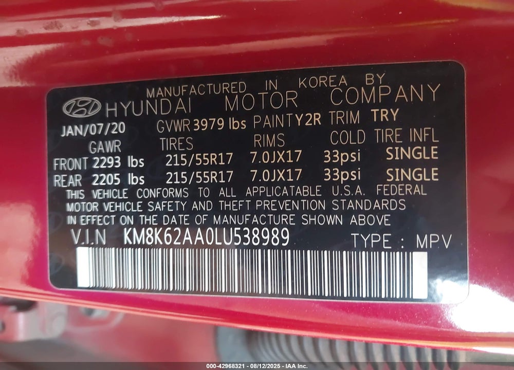 2020 HYUNDAI KONA VIN: KM8K62AA0LU538989