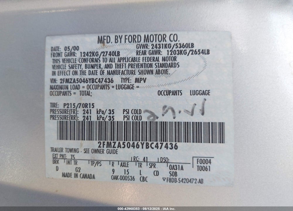 2000 FORD WINDSTAR VIN: 2FMZA5046YBC47436