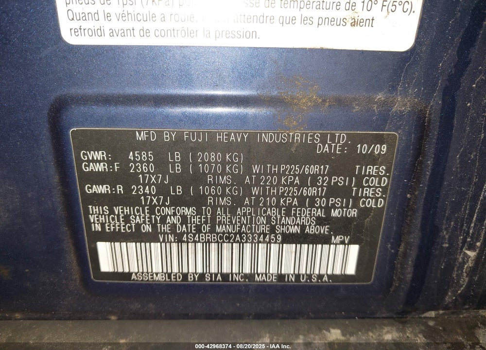 2010 SUBARU OUTBACK 2.5I PREMIUM VIN: 4S4BRBCC2A3334459